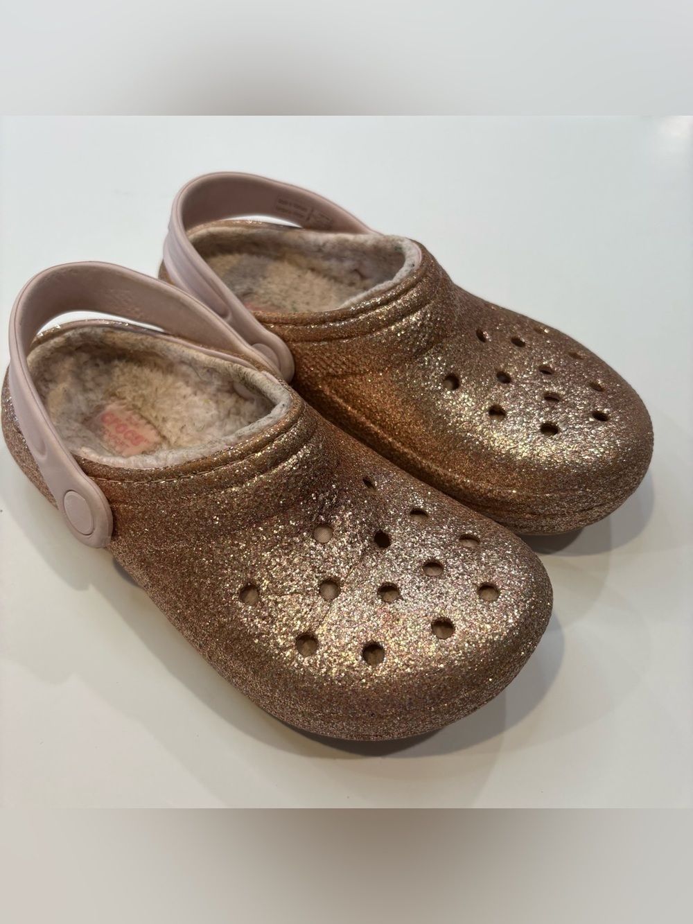 Crocs J2 Clogs Slip On Lined Sandals Rose Gold Glitter Girls Shoes Kids Size 2 - Picture 3 of 10